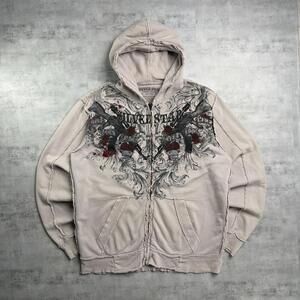 Y2K Beige Silver Star Grunge Gothic Distressed Zip Up Hoodie